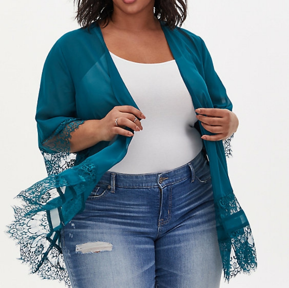 〰️Torrid〰️ teal chiffon lace trim kimono 0X